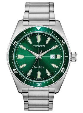 代购Citizen西铁城男士腕表夜光日期计时光能钢带防水金属绿色