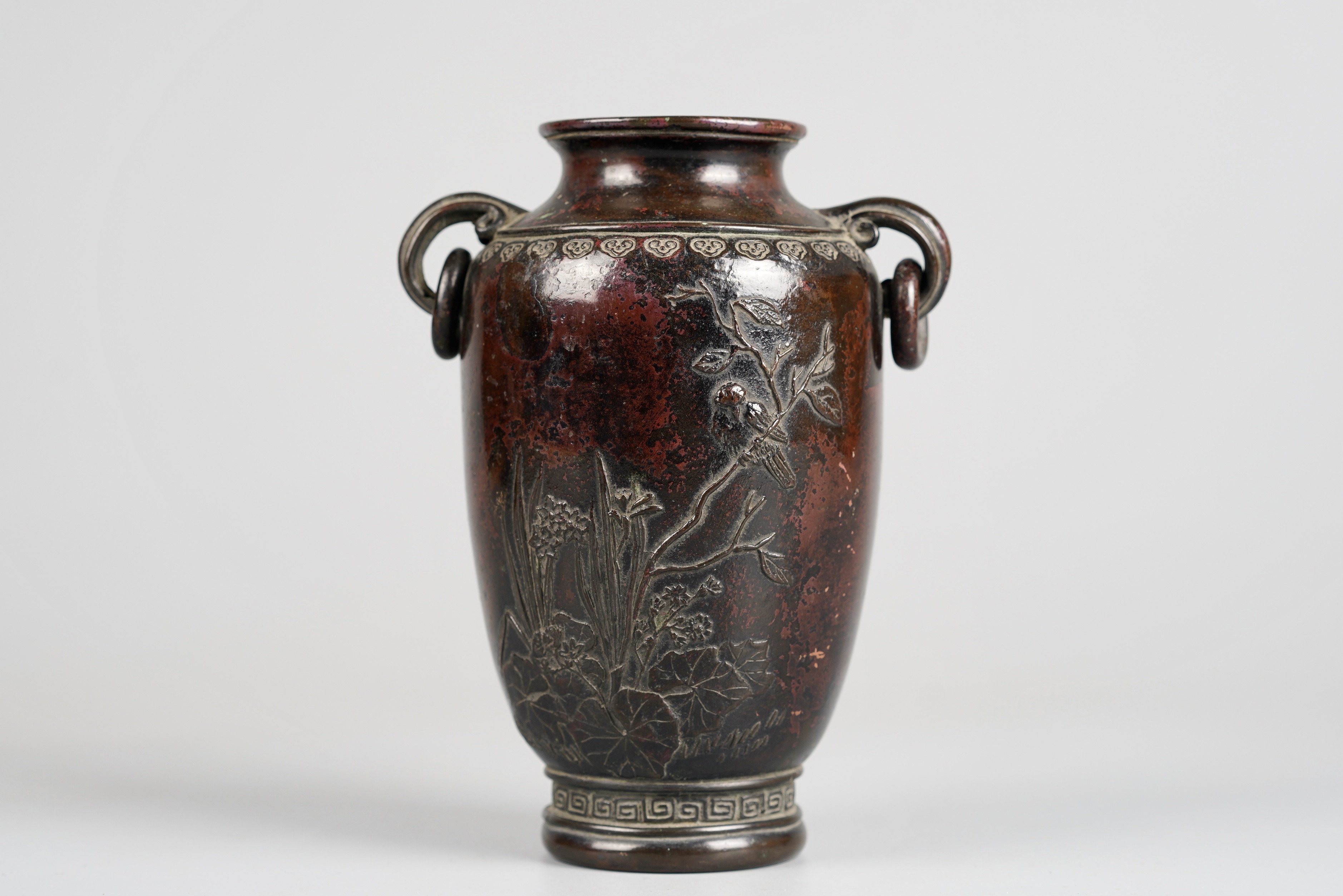 日本 明治时期 真藤真山造斑紫铜花鸟纹花瓶