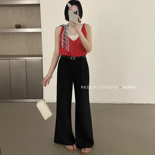红唇REDLIP夏季25088新高腰修身显瘦垂感马蹄裤女气质简约微喇裤