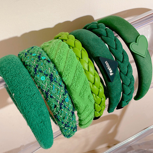 绿色发箍女头箍春夏海绵毛绒网红宽边百搭外出高颅顶复古法式 发卡