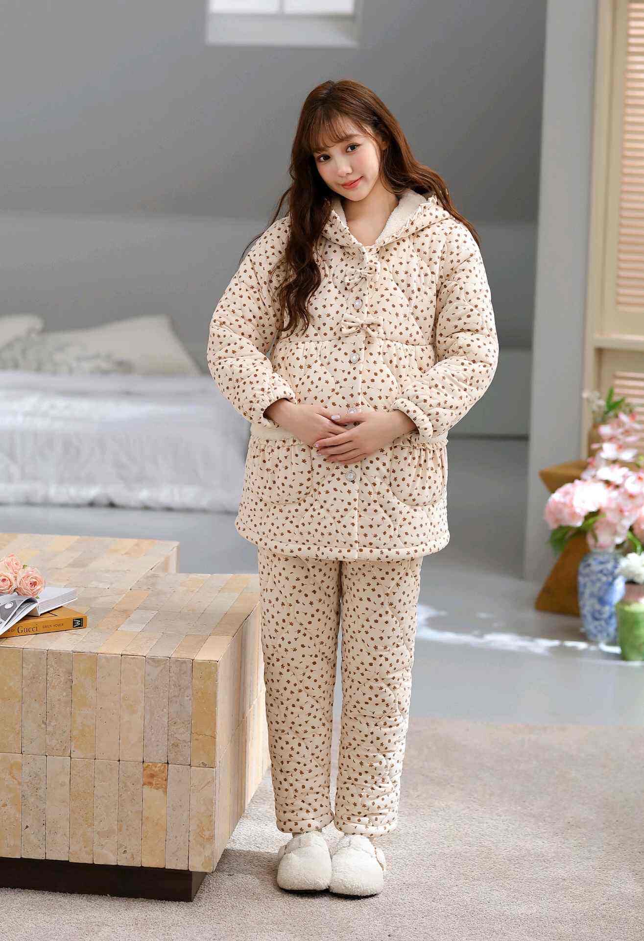 孕妇睡衣冬季加厚三层夹棉保暖连帽棉衣棉裤两件套产后家居服省服