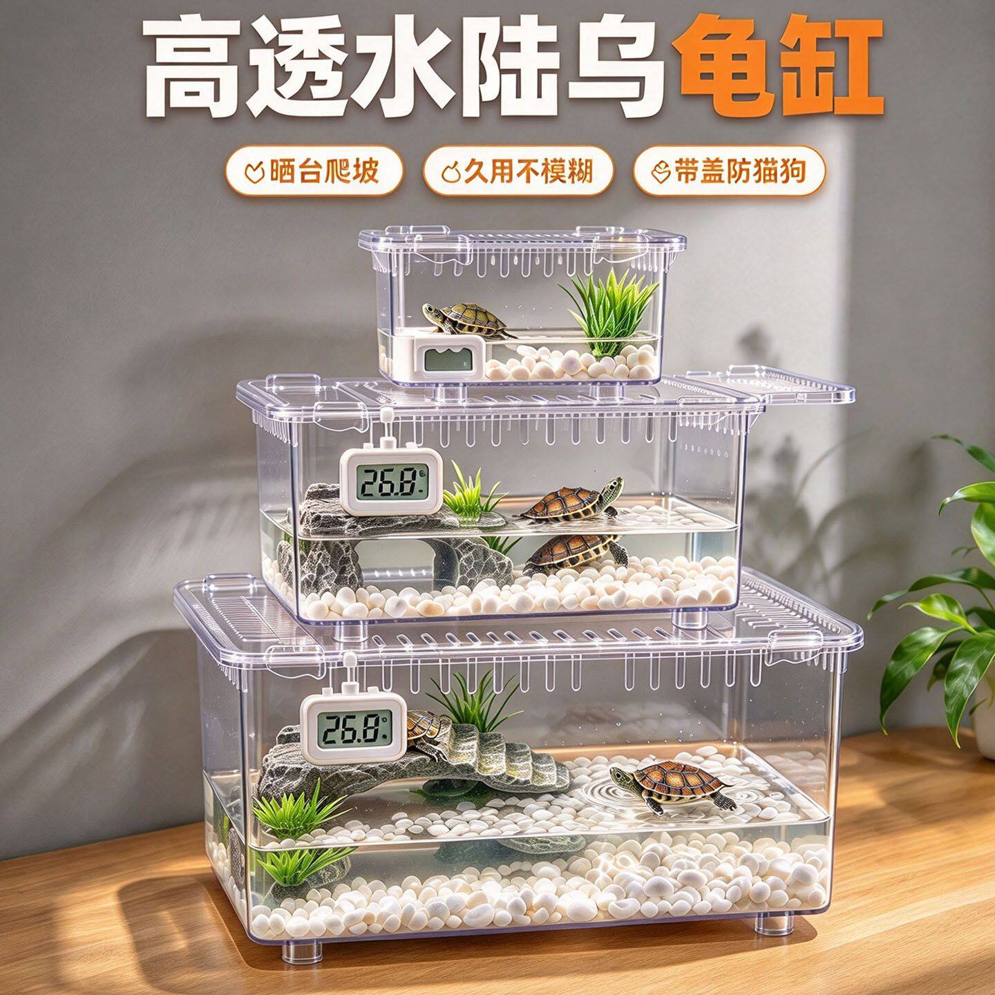 乌龟缸家用水陆两栖爬台生态造景带盖子防猫狗小型桌面乌龟饲养箱