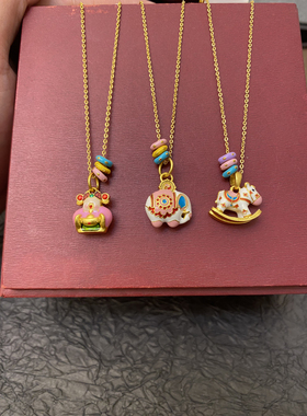 新中式国潮珐琅彩马卡龙色财神吉象小木马项链彩色跑环diy锁骨链