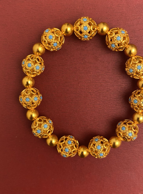 新中式国潮风珐琅彩镂空花丝手链蓝色珐琅彩圆珠单圈手串