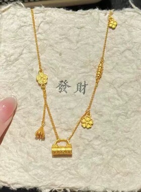 新中式国潮风繁花四叶草流苏锁包项链珐琅彩高级感平安锁套链