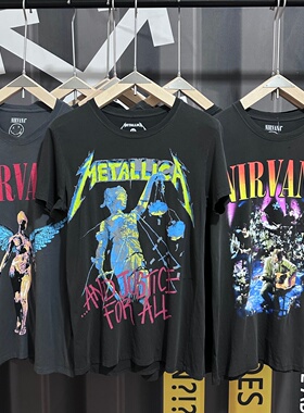 美式复古NIRVANA乐队水洗棉t恤METALLICA宽松字母印花圆领短袖潮