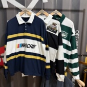 欧美单美式 NASCAR赛车miller雪佛兰POLO衫 休闲复古翻领衫 条纹长袖