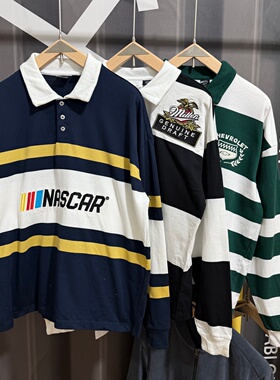 欧美单美式休闲复古翻领衫条纹长袖NASCAR赛车miller雪佛兰POLO衫