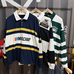 欧美单美式休闲复古翻领衫条纹长袖NASCAR赛车miller雪佛兰POLO衫