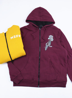 冬款加厚羊羔绒连帽卫衣美潮滑板个性玫瑰NEFF拉链开衫保暖外套男