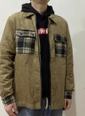 复古灯芯绒衬衫男潮cityboy拉链外套工装外套古着vintage美式衬衣