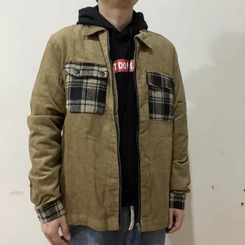 复古灯芯绒衬衫男潮cityboy拉链外套工装外套古着vintage美式衬衣