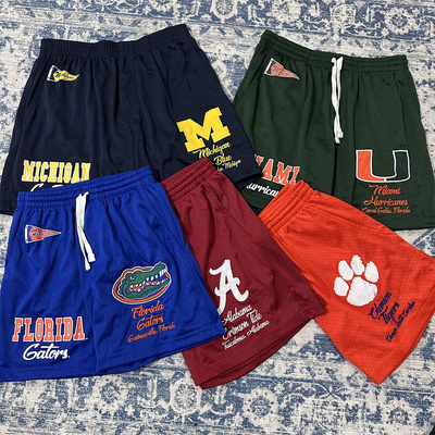 NCAA美式高街网眼万针刺绣短裤男夏季双层重磅宽松篮球运动四分裤