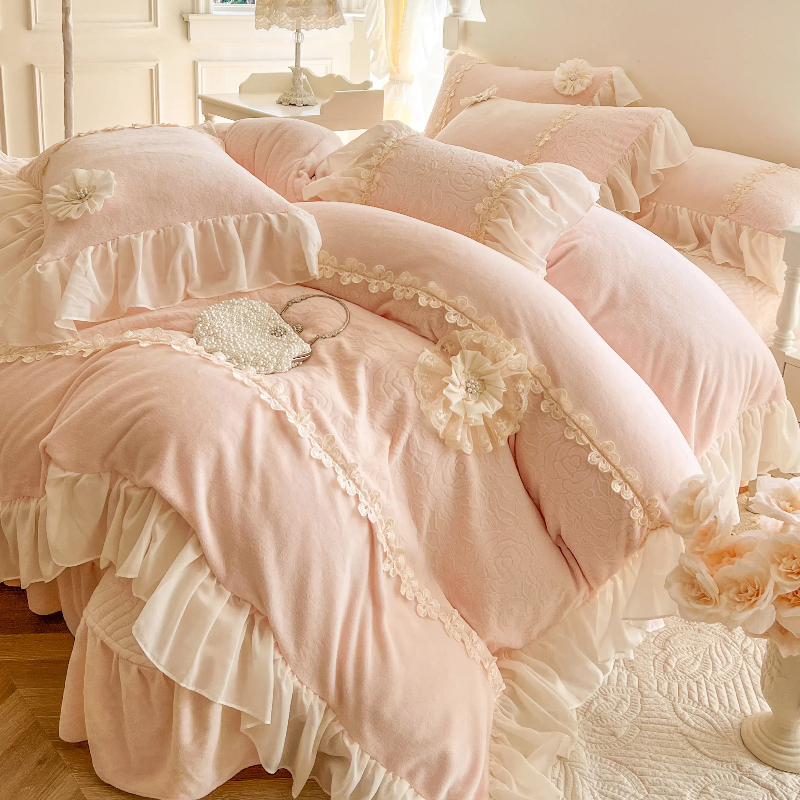 毛绒珊瑚绒蕾丝花边被套夹棉床盖