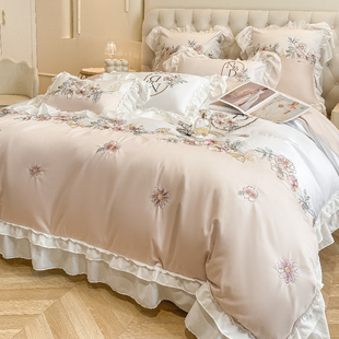 法式浪漫公主风100全棉四件套轻奢少女心刺绣被套纯棉床单床笠款4