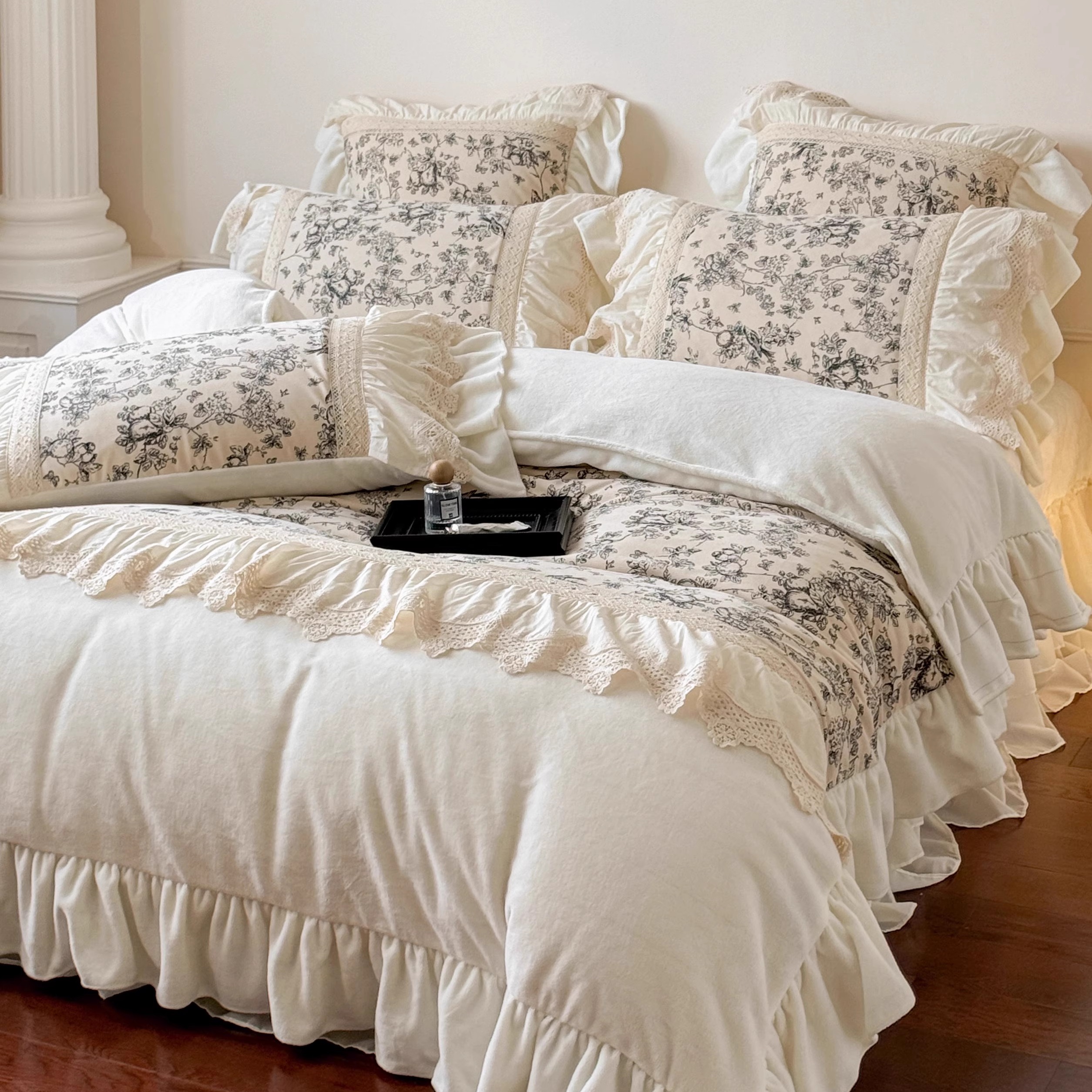 冬季公主风加厚牛奶绒四件套田园花卉蕾丝花边珊瑚绒被套仙女床盖