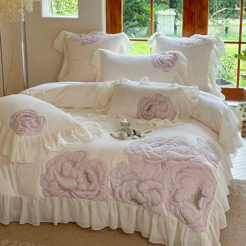 法式双面毛绒珊瑚绒蕾丝花边被套