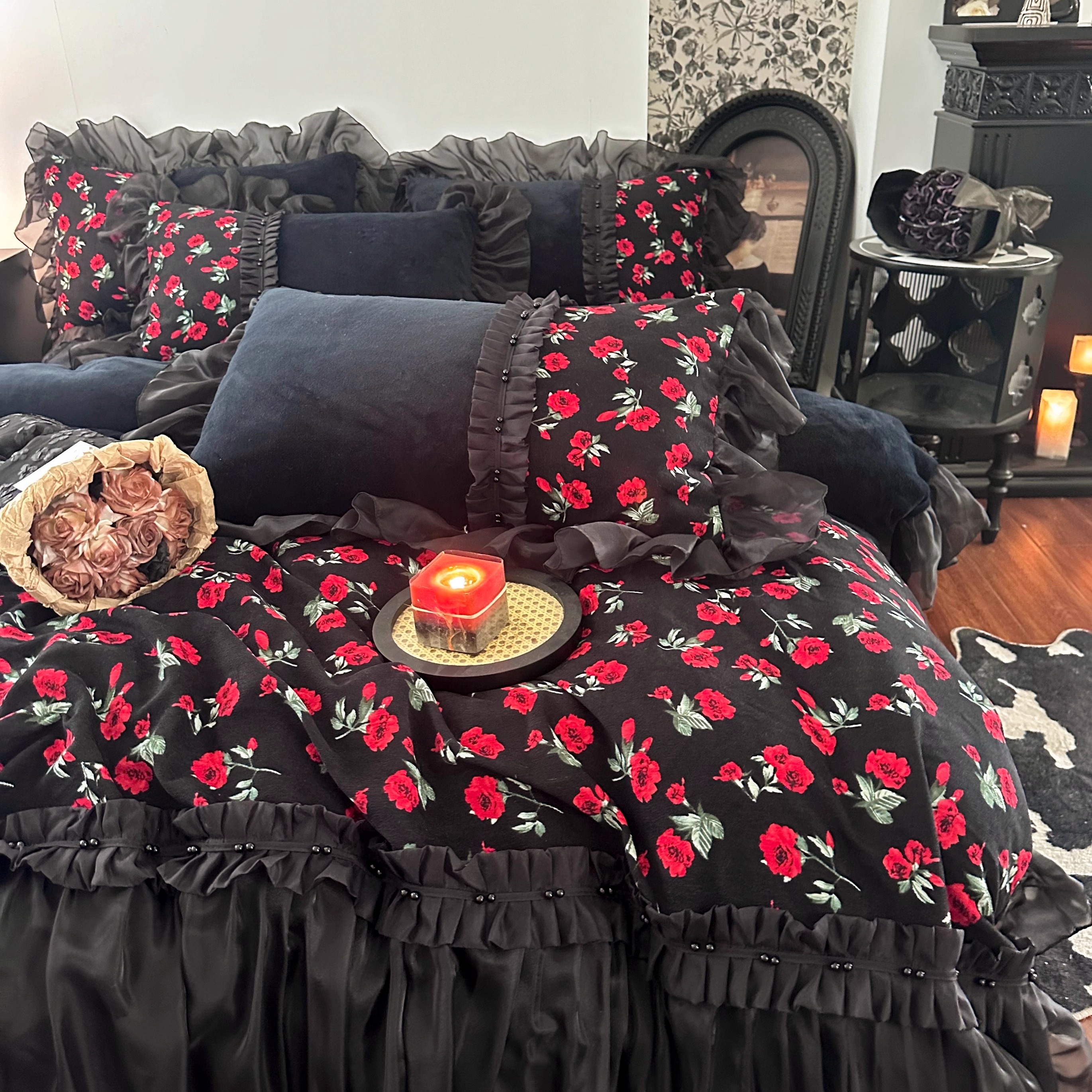 冬季法式复古玫瑰加厚牛奶绒四件套蕾丝毛绒被套珊瑚绒公主风床裙