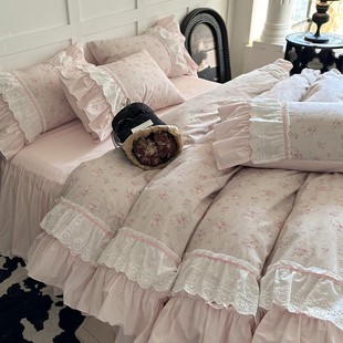 法式 田园花卉全棉水洗棉床裙四件套浪漫公主蕾丝边纯棉被套少女心