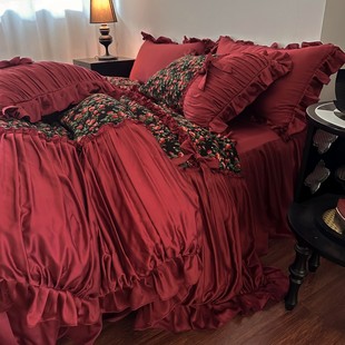 法式全棉玫瑰复古结婚庆床裙四件套纯棉贡缎长绒棉被套公主风床品