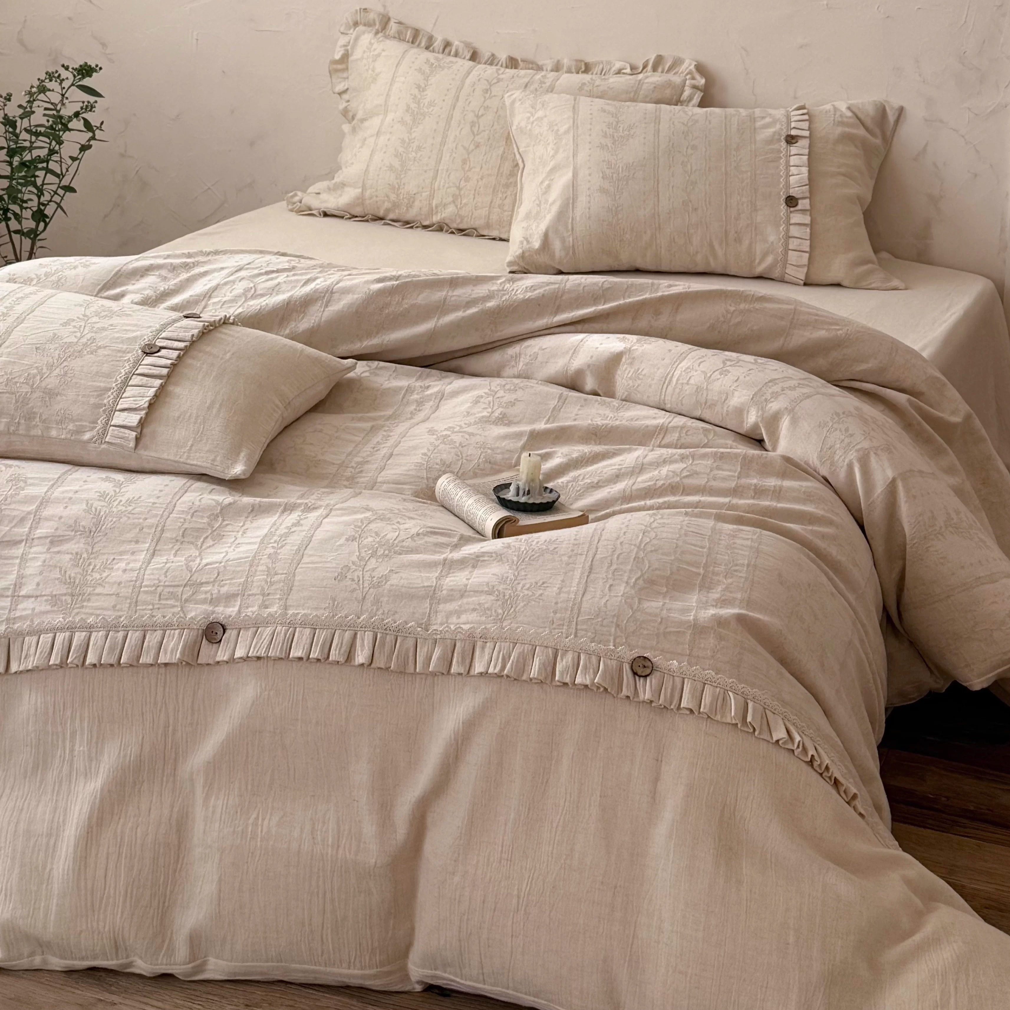 法式高级感棉麻提花床上四件套纯棉蕾丝花边被套床单复古床上用品,床上用品,床品套件/四件套/多件套,淘宝优惠券,粉丝福利购,淘宝优惠卷