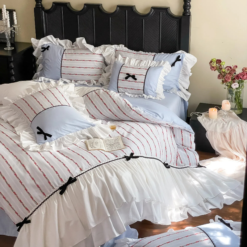 双层荷叶花边蝴蝶结被套纯棉床品