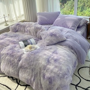 超仙ins加厚水貂绒床上四件套双面牛奶珊瑚绒被套冬季夹棉床裙款4