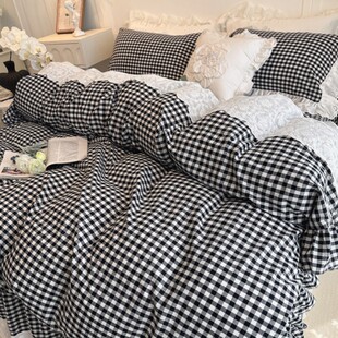 法式 复古全棉色织水洗棉四件套纯棉黑白格子荷叶边被套少女心床裙