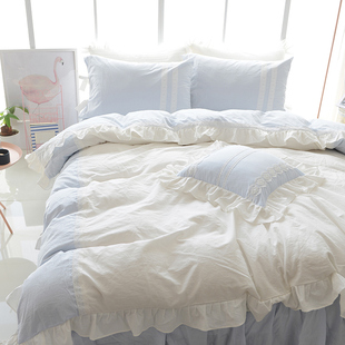 简约纯棉水洗棉蕾丝公主床裙四件套纯色全棉床单被套1.8m床上用品