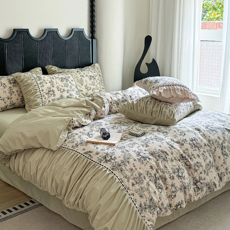 全棉磨毛四件套加厚法式褶皱被套