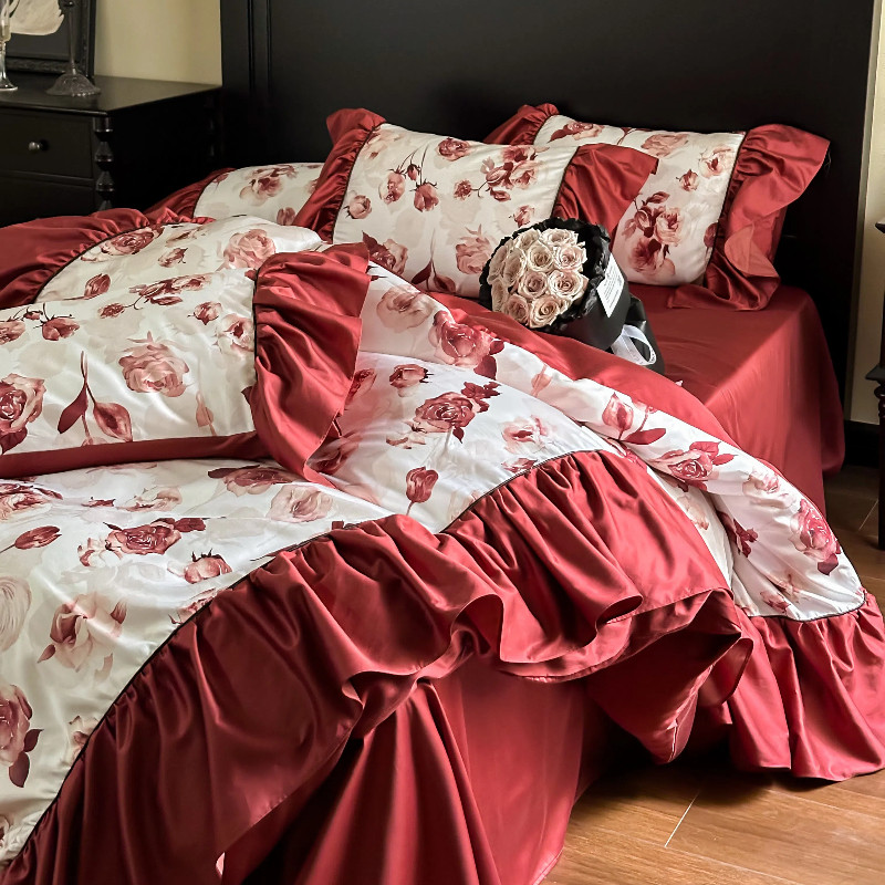 高端天丝棉法式复古印花玫瑰四件套全棉床笠床单被套夏季床上用品
