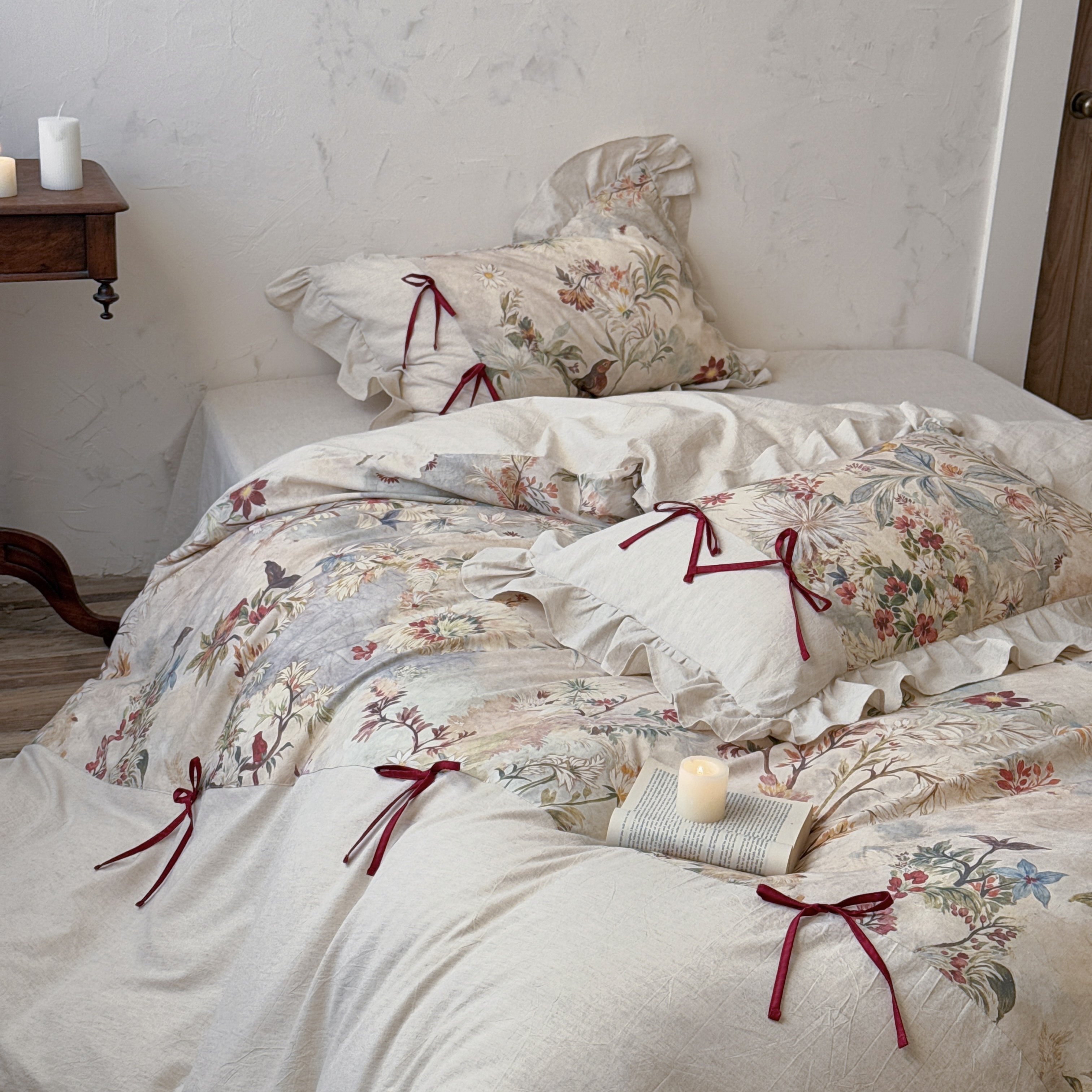 法式复古少女浪漫棉麻混纺四件套蝴蝶结花边纯棉被套高级感床用品