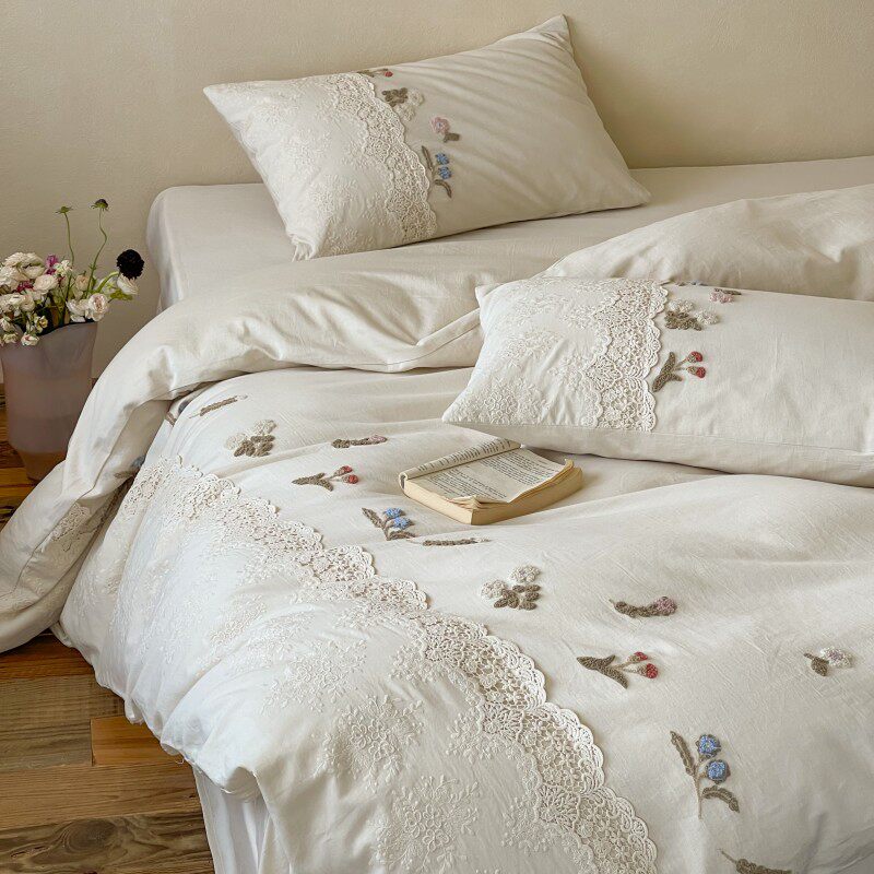 法式少女全棉棉麻混纺四件套高端立体毛巾绣花卉被套纯棉床上用品
