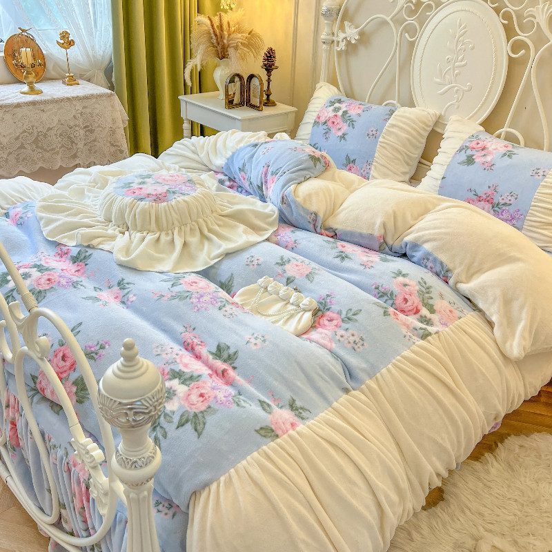 法式奶油碎花加厚牛奶绒床裙四件套褶皱花边法莱珊瑚绒秋冬季床品
