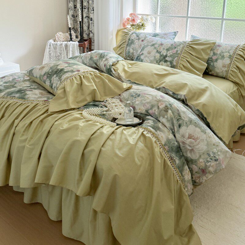 法式复古田园花卉全棉床裙款四件套纯棉高级感公主风荷叶花边被套