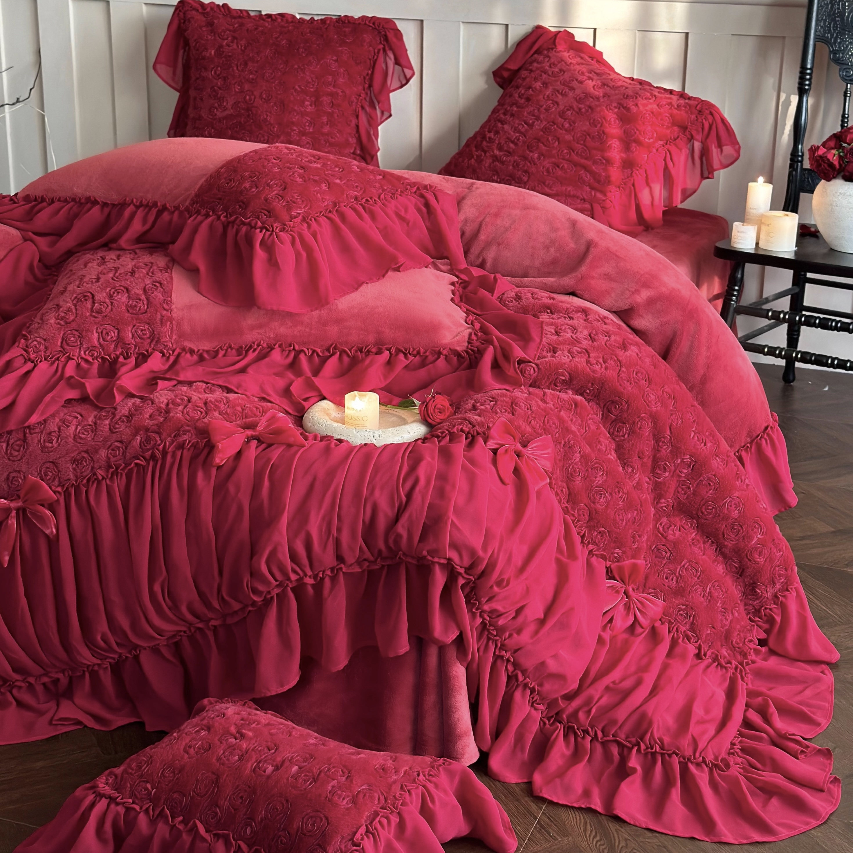 法式浪漫婚庆牛奶绒四件套冬季保暖珊瑚绒公主风被套毛绒结婚床品