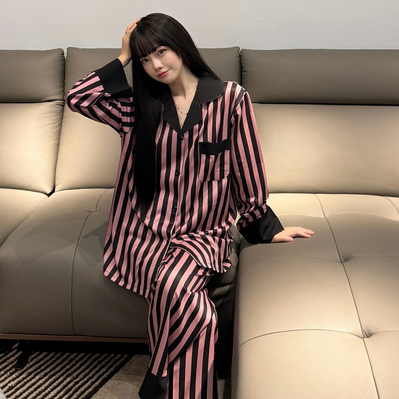 维多利亚春秋睡衣轻奢高级感100%桑蚕丝条纹长袖长裤家居服套装女