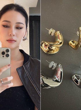 方圆脸贴面耳耳环铜镀金宽面925银针防过敏高级感气质耳饰女秋冬