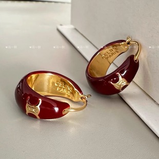 法式 凯旋门红色滴油耳环耳扣铜镀22K金轻奢高级感气质百搭耳饰品