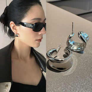 方圆脸贴面耳耳饰松本惠奈同款 耳环c型宽面不规则金属轻奢高级感