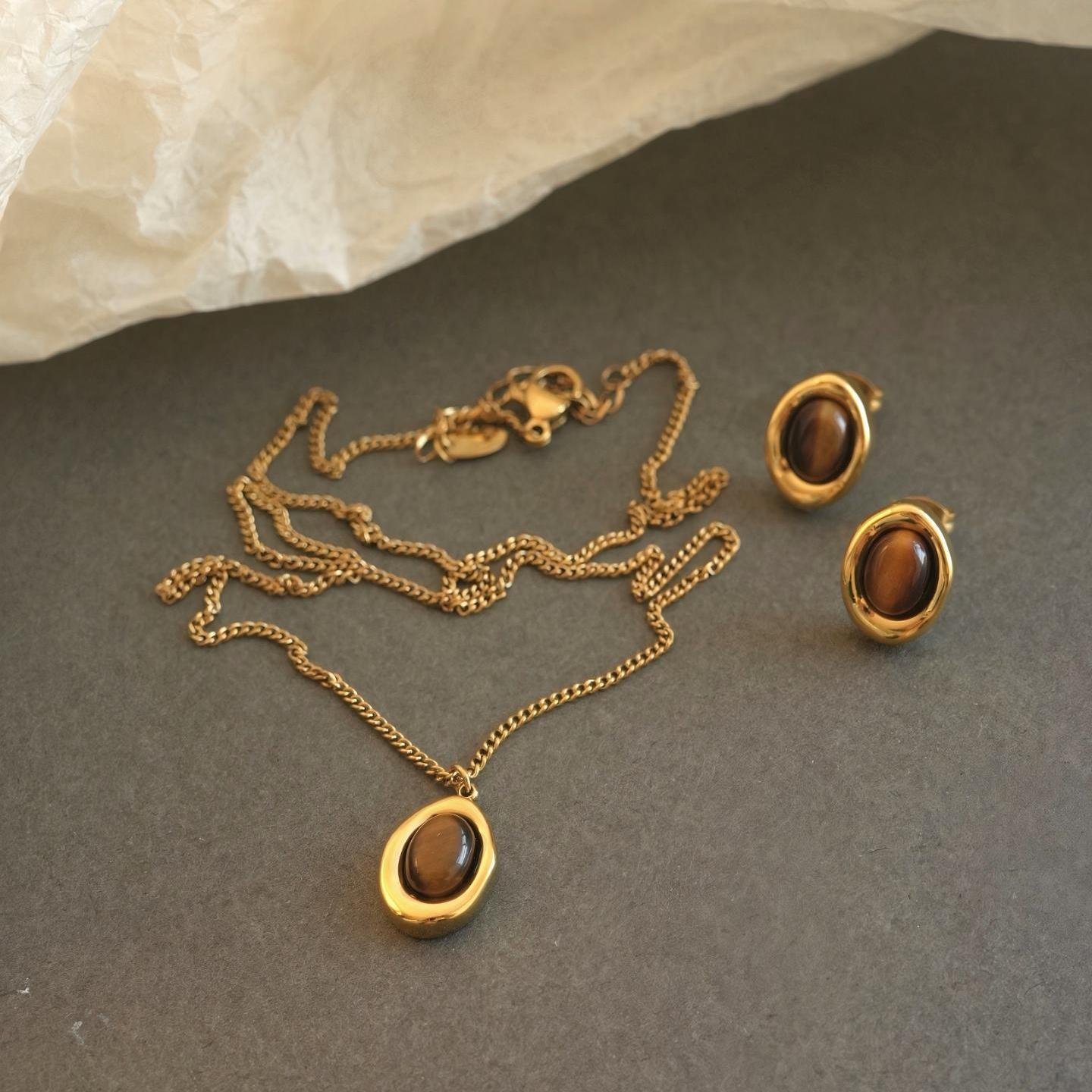 不掉色毛衣链叠戴美拉德风项链虎眼石耳钉女简约耳饰秋冬套装首饰