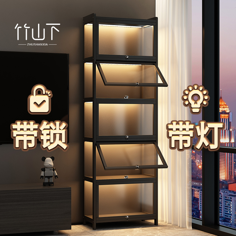 展示柜家用透明亚克力玻璃多层收纳柜落地带锁带灯模型收纳展示架