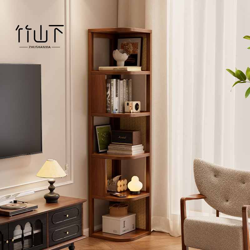 实木书架转角置物架天然藤