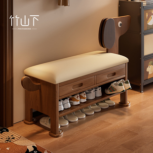 实木小狗换鞋凳门口家用入户门可坐鞋柜坐凳一体长条凳中古穿鞋凳