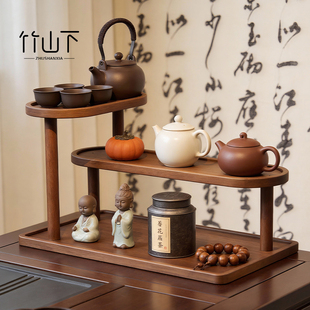 桌面置物架实木桌上茶台中古风双耳壶茶具茶杯茶室茶桌摆件展示架