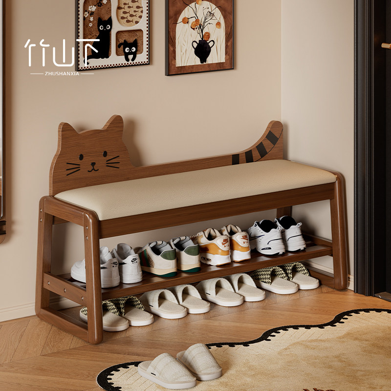 实木小猫换鞋凳门口坐凳鞋柜一体2026新款家用鞋架入户穿鞋玄关凳