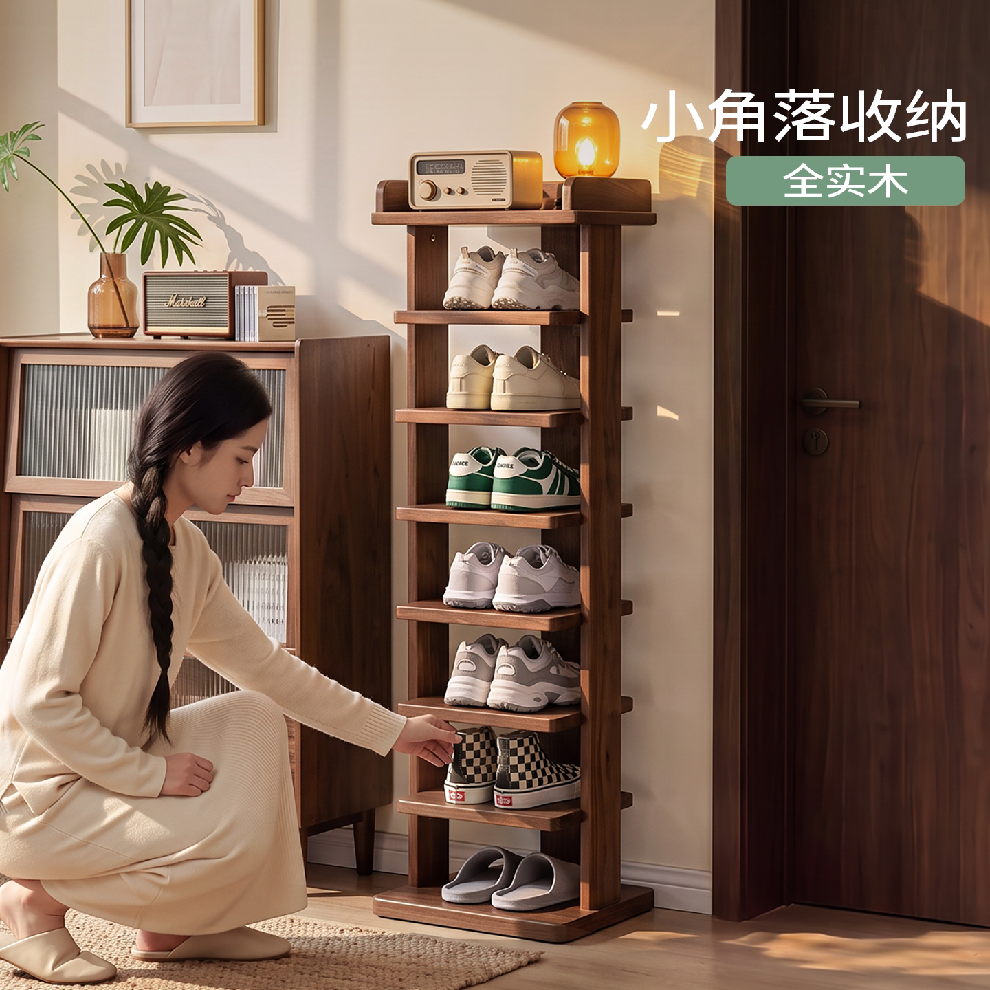 【全实木】鞋架家用门口多层小窄图片