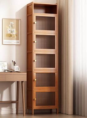 书柜带柜门防尘高窄柜实木书架储物柜一体落地置物架墙边角落立柜