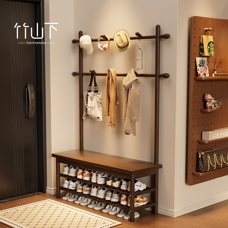 入门换鞋凳衣帽架一体落地式卧室置物架玄关鞋架多功能收纳挂衣架