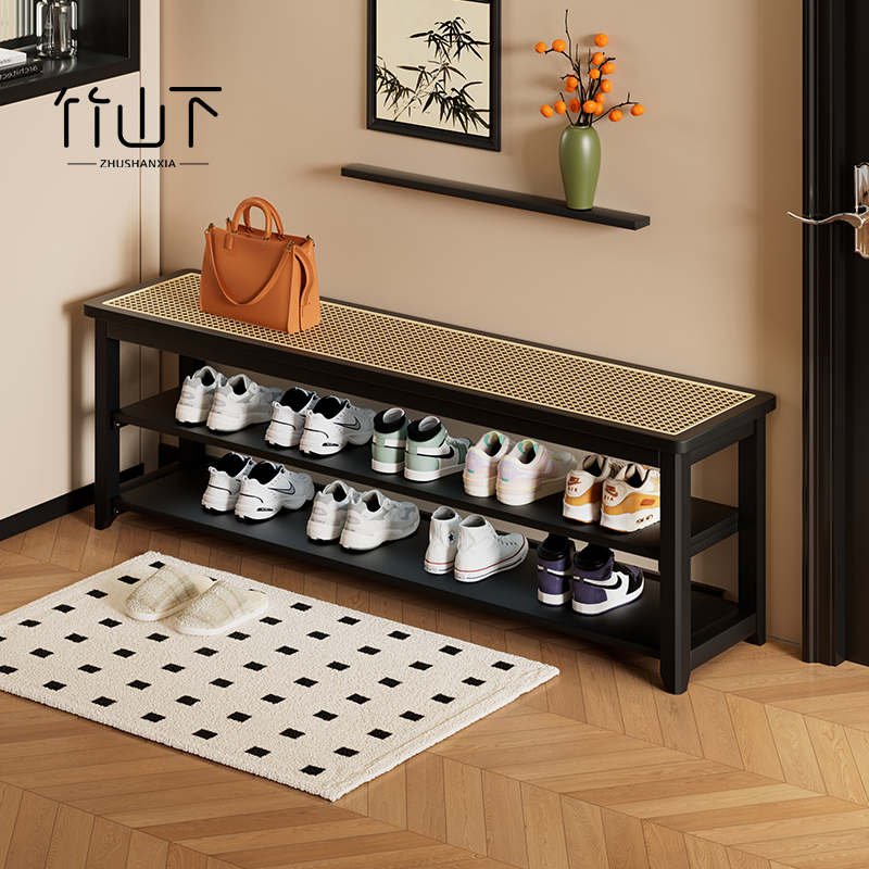 实木换鞋凳门口家用穿鞋凳进门凳中古风藤编凳子入户玄关可坐鞋柜